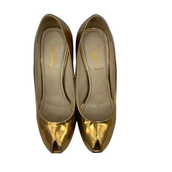 Yves Saint Laurent Metallic Gold Chunky Heel Peep Toe Pumps EUC 37 US 6.5 - Picture 5 of 16